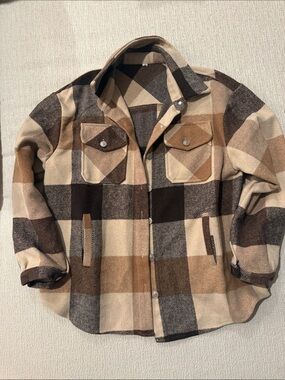 Plaid Wool-Blend Shacket in Brown and Cream